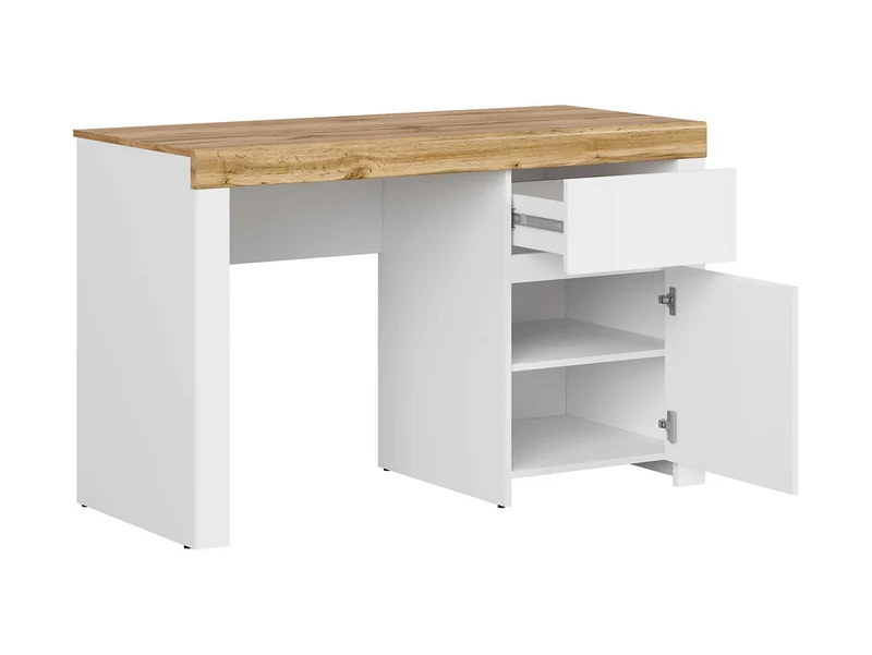 Holten Desk 130 cm with Drawer & Cabinet – White / Wotan Oak / White Gloss