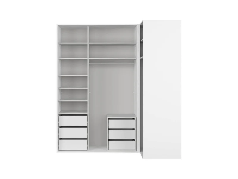 Flex Corner Wardrobe Set 220×240 cm – White / White Gloss / Mirror Panels, 6 Drawers