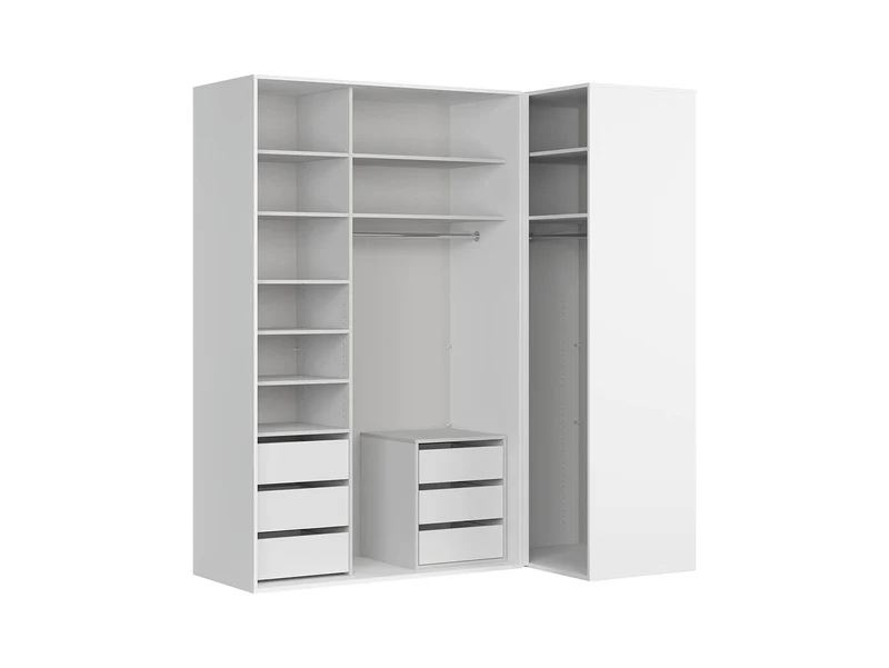 Flex Corner Wardrobe Set 220×240 cm – White / White Gloss / Mirror Panels, 6 Drawers