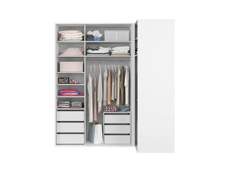Flex Corner Wardrobe Set 220×240 cm – White / White Gloss / Mirror Panels, 6 Drawers