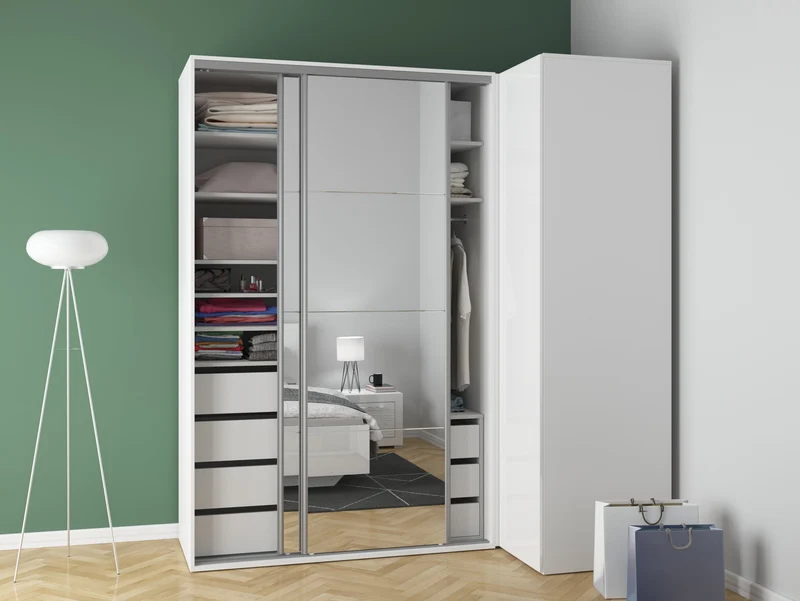 Flex Corner Wardrobe Set 220×240 cm – White / White Gloss / Mirror Panels, 6 Drawers