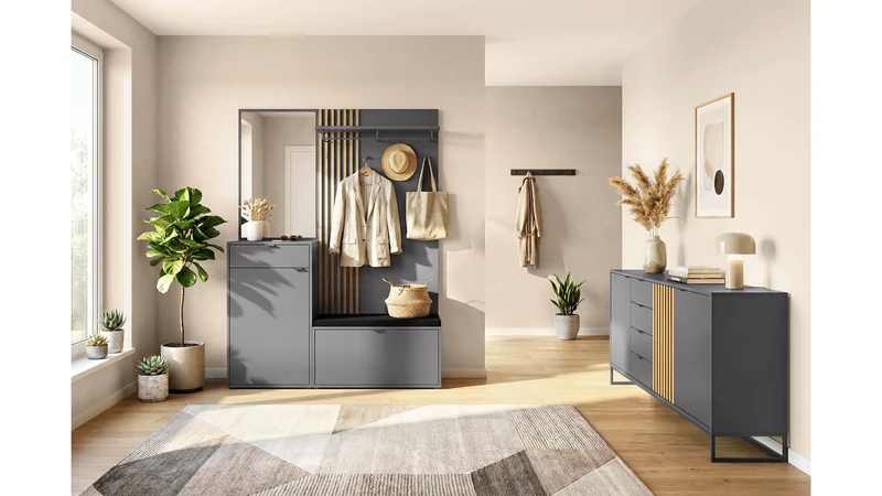 Phil Hallway Set 156 cm – Chest, Shelf, Mirror, Coat Rack & Bench