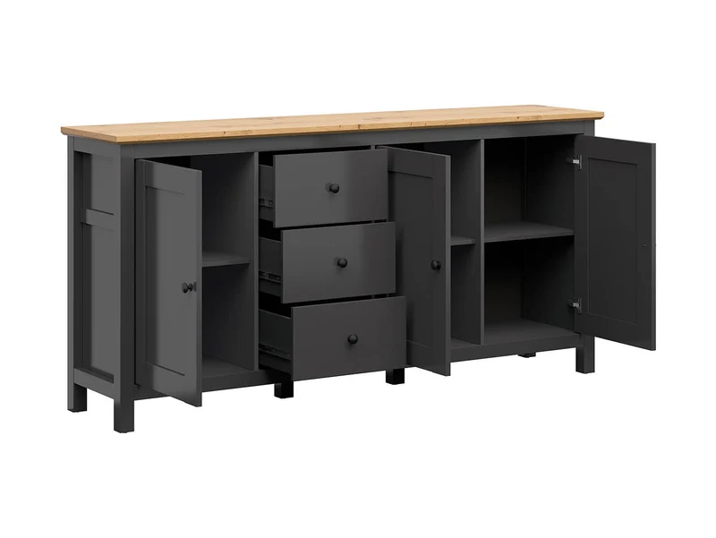 Hesen Sideboard 199 cm — 3 Drawers, 3 Doors | Graphite & Artisan Oak
