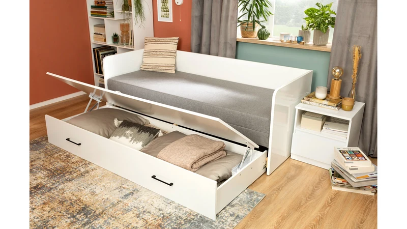 Tetrix Daybed with Pull-Out Double Bed, Storage & H3 Mattress | White Gloss | 80/160x195cm