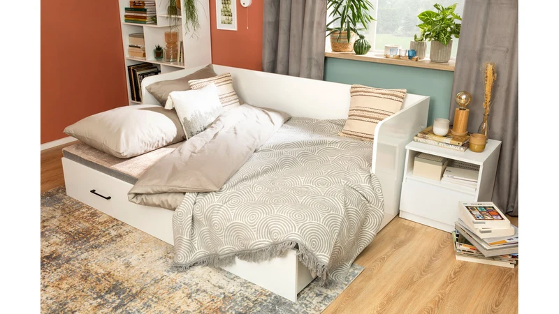 Tetrix Daybed with Pull-Out Double Bed, Storage & H3 Mattress | White Gloss | 80/160x195cm