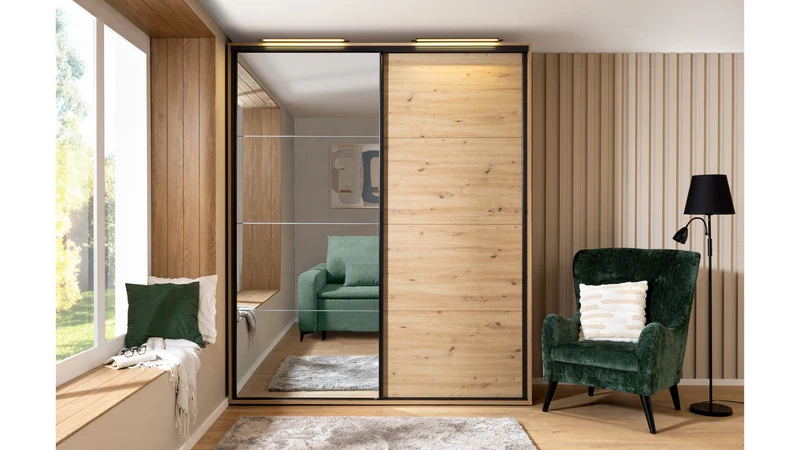 Flex Sliding Wardrobe 200 cm – Artisan Oak & Mirror Door, 6 Shelves, 3 Rails, Soft-Close