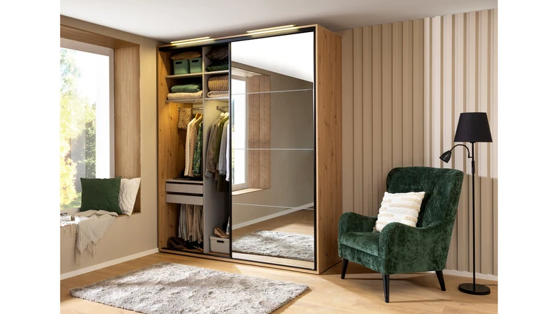 Flex Sliding Wardrobe 200 cm – Artisan Oak & Mirror Door, 6 Shelves, 3 Rails, Soft-Close