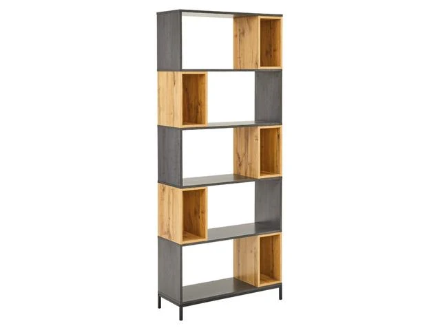 Kiko Tall Bookcase 80 cm – Oak & Anthracite, 6 Open Compartments, Slim Black Legs