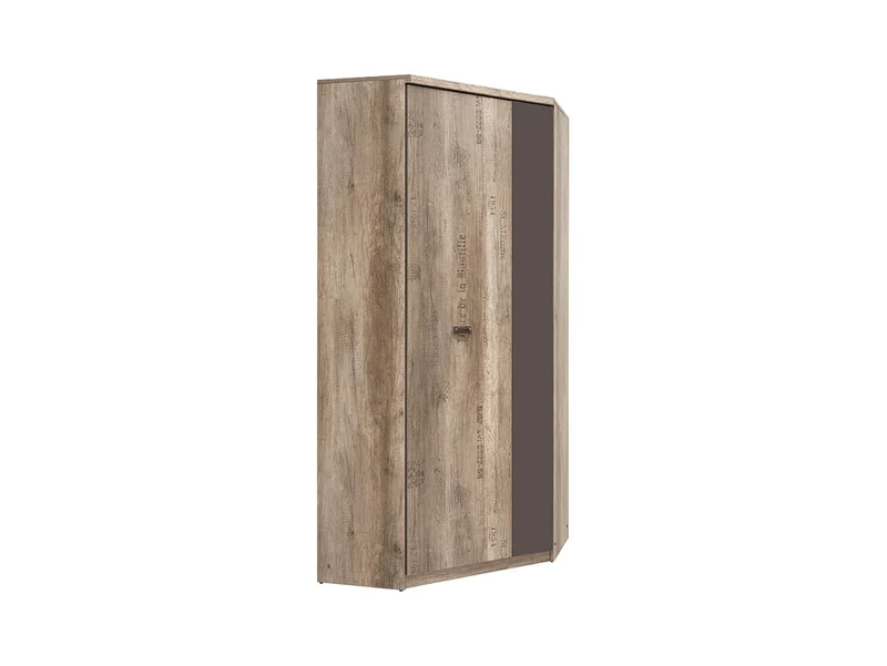 Malcolm Corner Wardrobe – Monument Oak & Tungsten Grey, Letter Print, 1 Rail & 8 Shelves