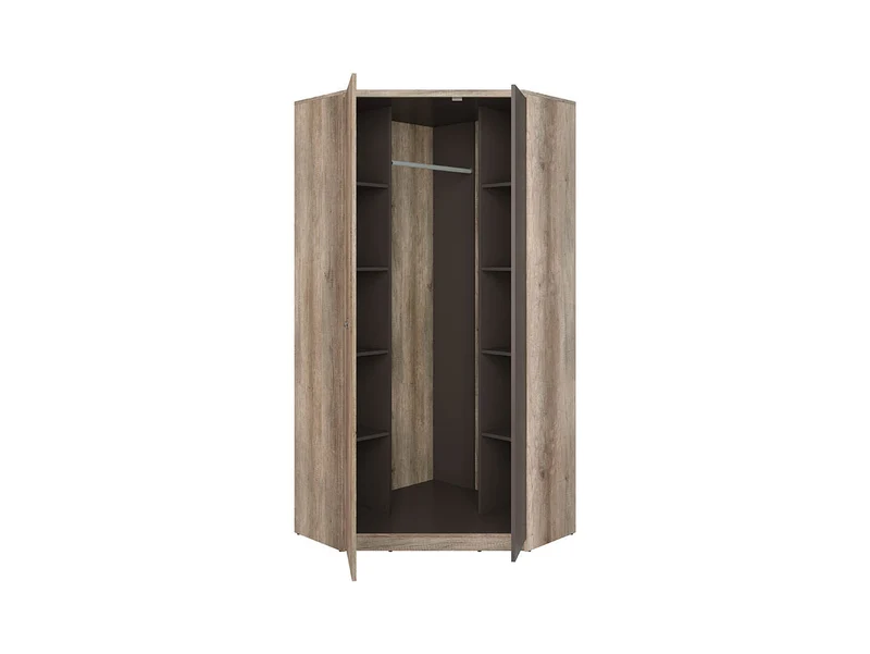 Malcolm Corner Wardrobe – Monument Oak & Tungsten Grey, Letter Print, 1 Rail & 8 Shelves