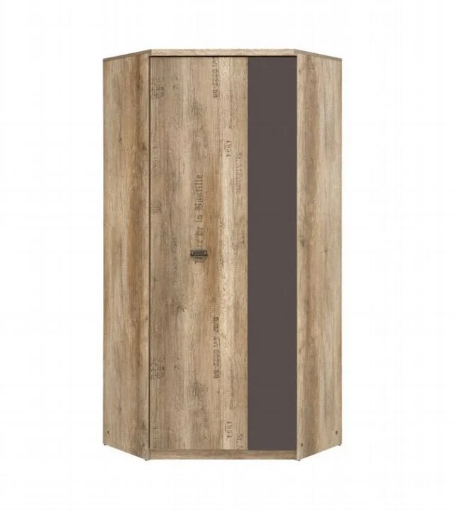 Malcolm Corner Wardrobe – Monument Oak & Tungsten Grey, Letter Print, 1 Rail & 8 Shelves