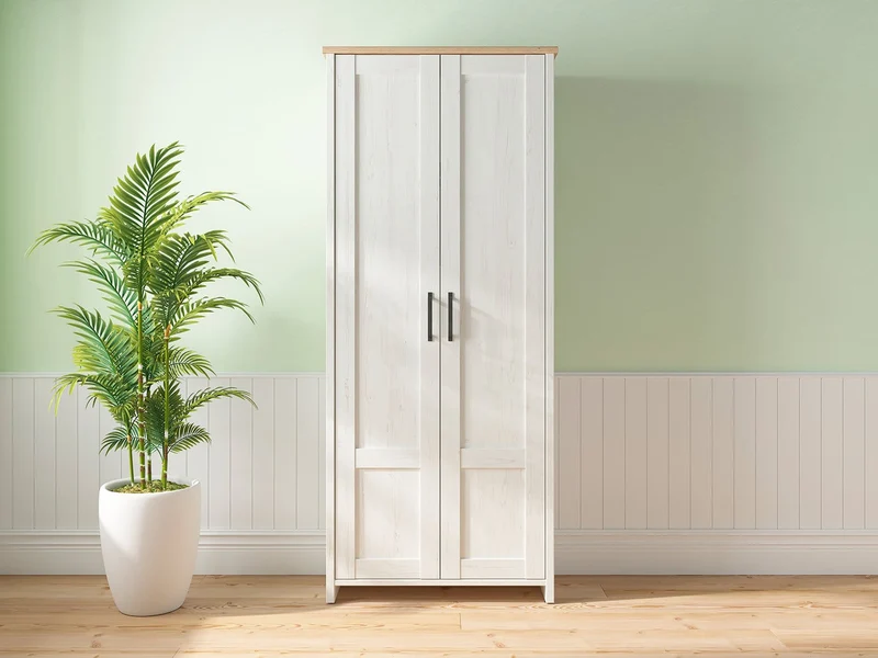 Loksa 2-Door Wardrobe | Andersen Pine White & Grandson Oak | Hanging Rail & 4 Shelves | 84.5x200.5cm