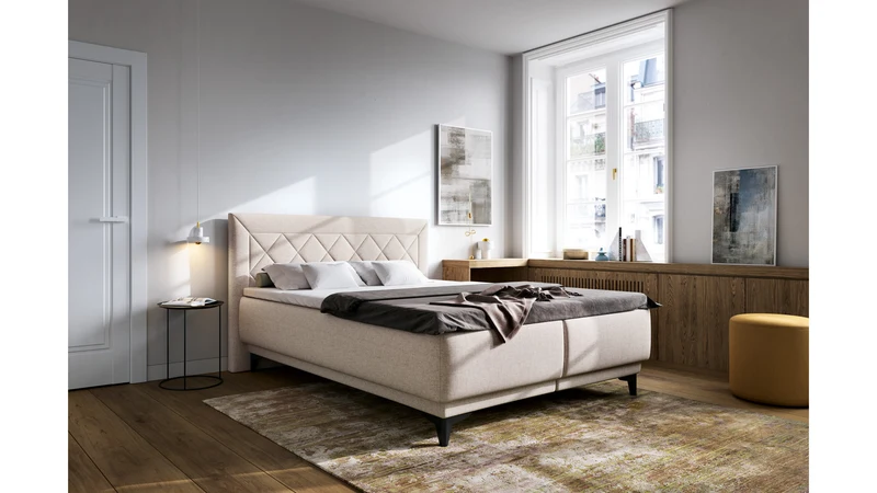 Zalea Upholstered Bed 160×200 cm – Tall Quilted Headboard, Pocket Spring Mattress, 4cm Topper & Gas-Lift Storage