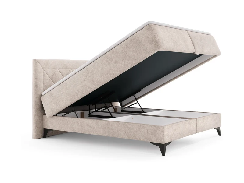 Zalea Upholstered Bed 160×200 cm – Tall Quilted Headboard, Pocket Spring Mattress, 4cm Topper & Gas-Lift Storage