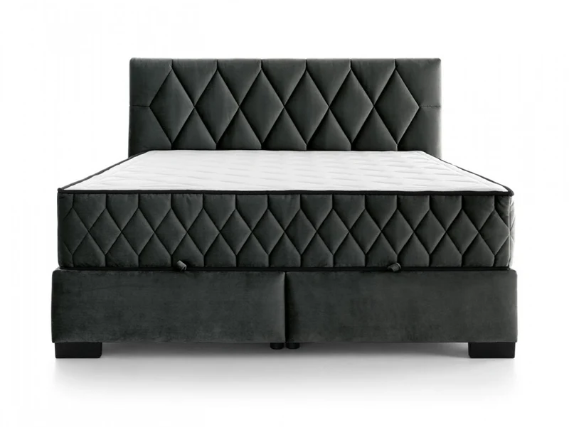 Reve Upholstered Bed 140×200 cm – Tall Stitched Headboard, 2 Mattresses, Front Storage