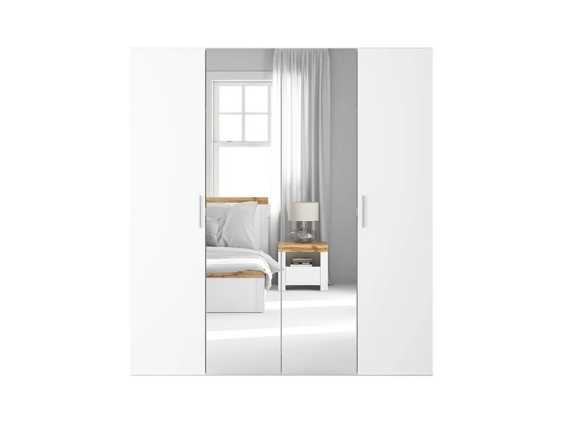 Flex Wardrobe 200 – 2-Unit Set with Mirror Panels, 6 Drawers & 5 Hanging Zones | White / White Gloss | 200×218 cm