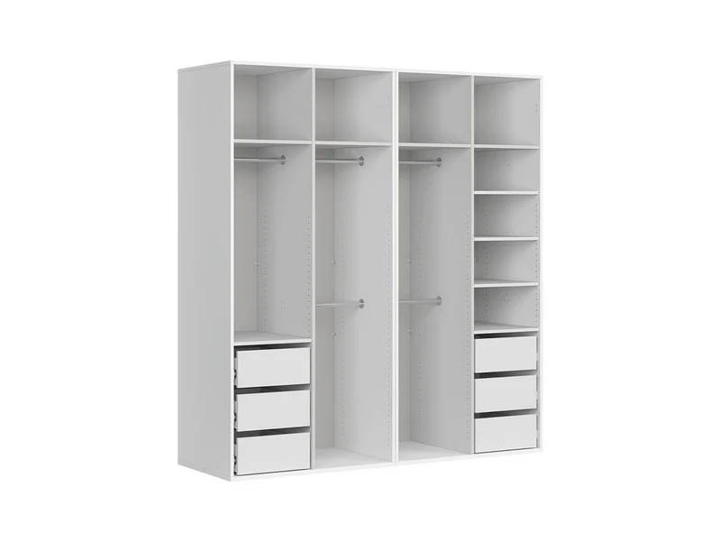 Flex Wardrobe 200 – 2-Unit Set with Mirror Panels, 6 Drawers & 5 Hanging Zones | White / White Gloss | 200×218 cm