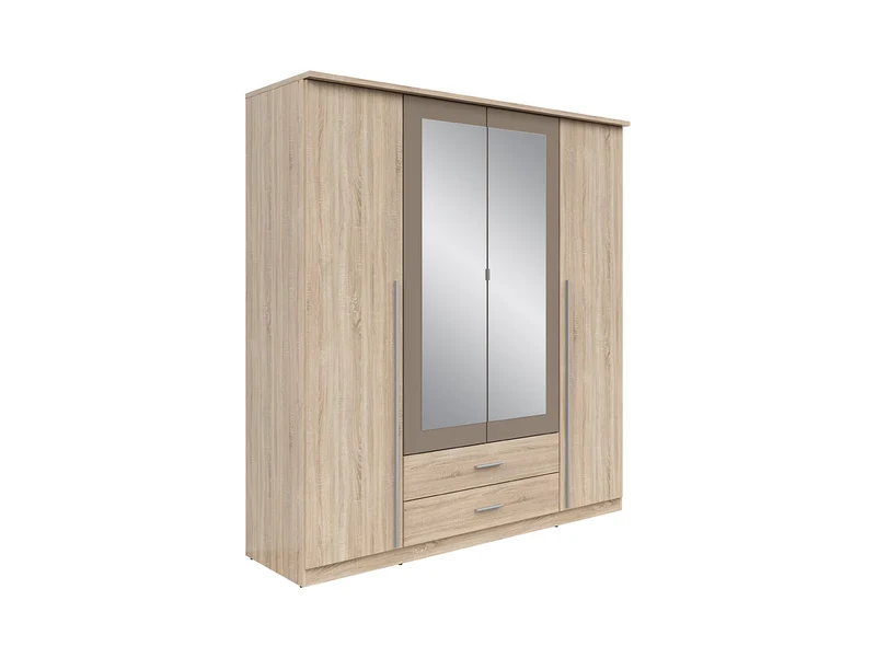 Kredo 4-Door Wardrobe 181×199 cm – 2 Mirror Doors, 2 Hanging Rails, 2 Drawers & 3 Shelves | Sonoma Oak & Grey Canvas