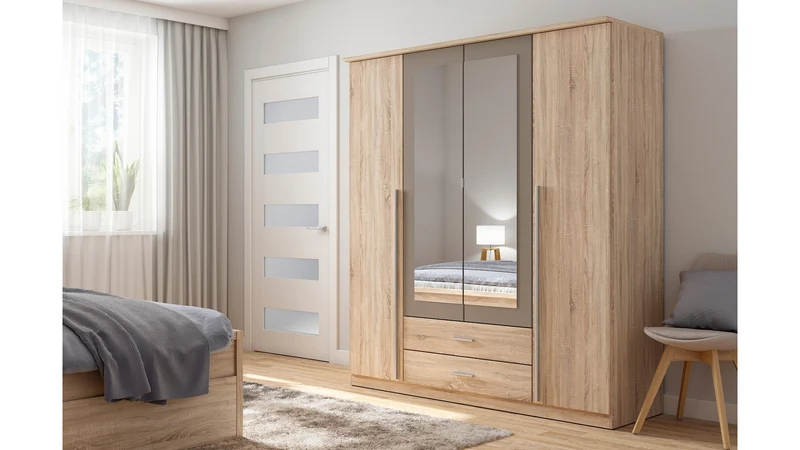 Kredo 4-Door Wardrobe 181×199 cm – 2 Mirror Doors, 2 Hanging Rails, 2 Drawers & 3 Shelves | Sonoma Oak & Grey Canvas