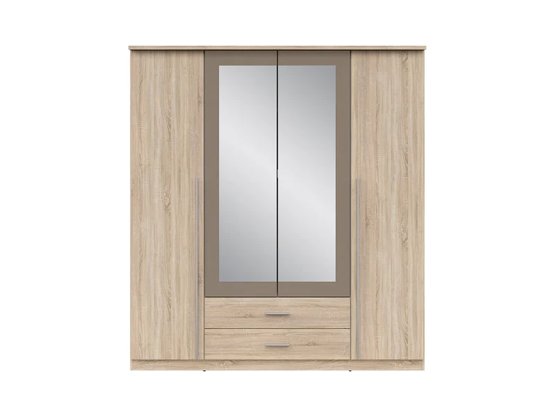 Kredo 4-Door Wardrobe 181×199 cm – 2 Mirror Doors, 2 Hanging Rails, 2 Drawers & 3 Shelves | Sonoma Oak & Grey Canvas