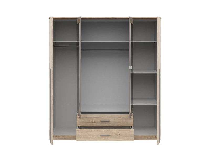 Kredo 4-Door Wardrobe 181×199 cm – 2 Mirror Doors, 2 Hanging Rails, 2 Drawers & 3 Shelves | Sonoma Oak & Grey Canvas