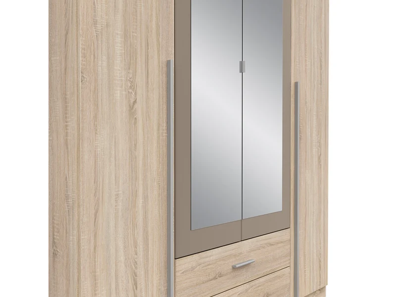 Kredo 4-Door Wardrobe 181×199 cm – 2 Mirror Doors, 2 Hanging Rails, 2 Drawers & 3 Shelves | Sonoma Oak & Grey Canvas