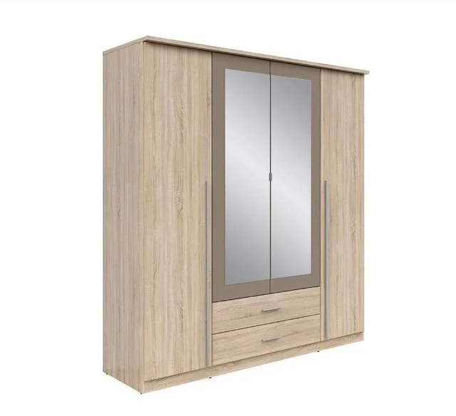 Kredo 4-Door Wardrobe 181×199 cm – 2 Mirror Doors, 2 Hanging Rails, 2 Drawers & 3 Shelves | Sonoma Oak & Grey Canvas