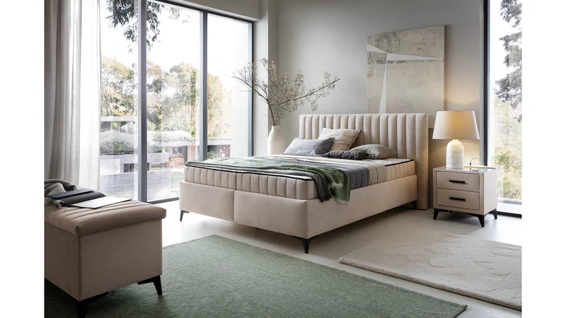 Joy Upholstered Bed 180×200 cm – 2 Pocket Spring Mattresses Included | Dual Firmness | Side Storage | Fresche® Cover
