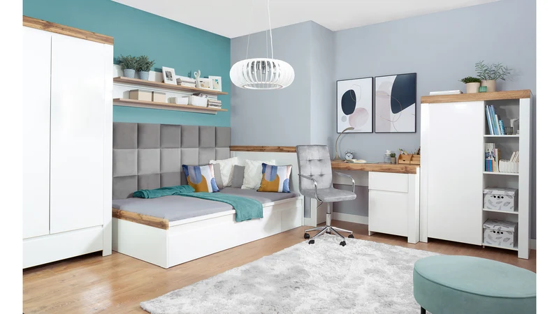 Holten Bed Frame 120×200 cm – White Matt / Wotan Oak, Youth Room, Optional Drawer