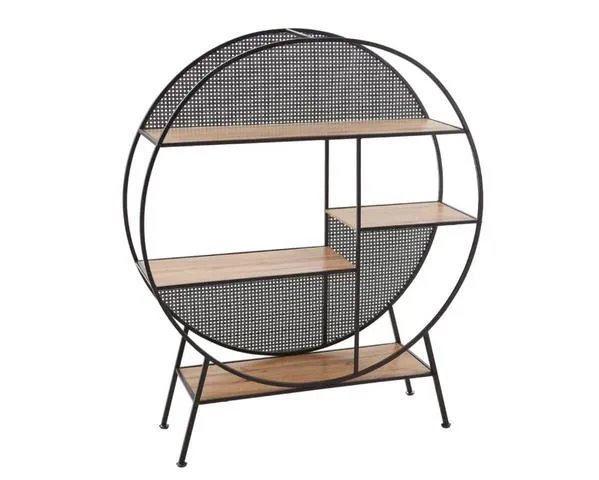 Leon Industrial Bookcase 109.5 cm – Black Metal / Oak, 4 Shelves, Vienna Cane Back