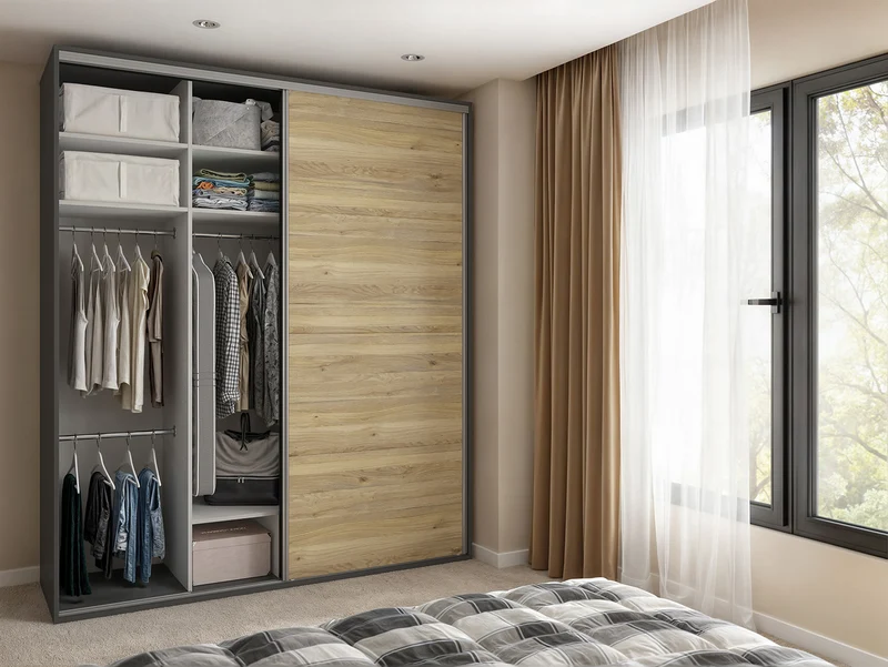 Flex Sliding Wardrobe 200 cm – Graphite & Mauvella Oak with Mirror