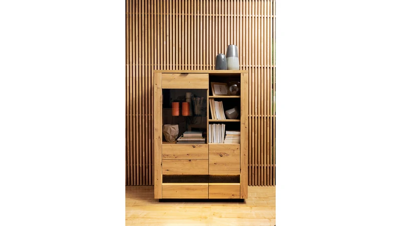 Ostia Display Cabinet with Drawers – Artisan Oak / Black