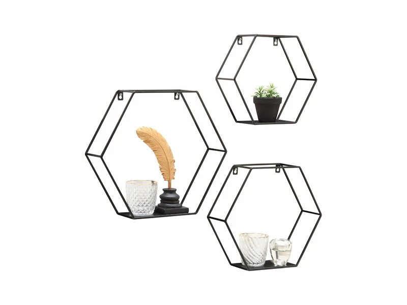 Dana Hexagon Wall Shelves – Set of 3 | Black Metal | Arrange Freely | Loft & Scandi Style