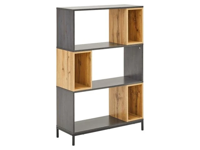 Kiko Bookcase 80 cm – Oak / Grey | 6 Open Compartments & Black Slim Legs