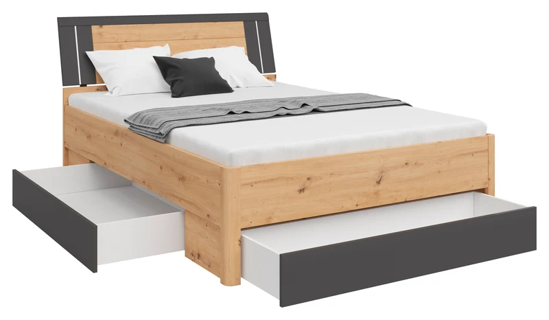 Saturn Bed Frame 140×200 cm with 3 Drawers – Artisan Oak / Graphite