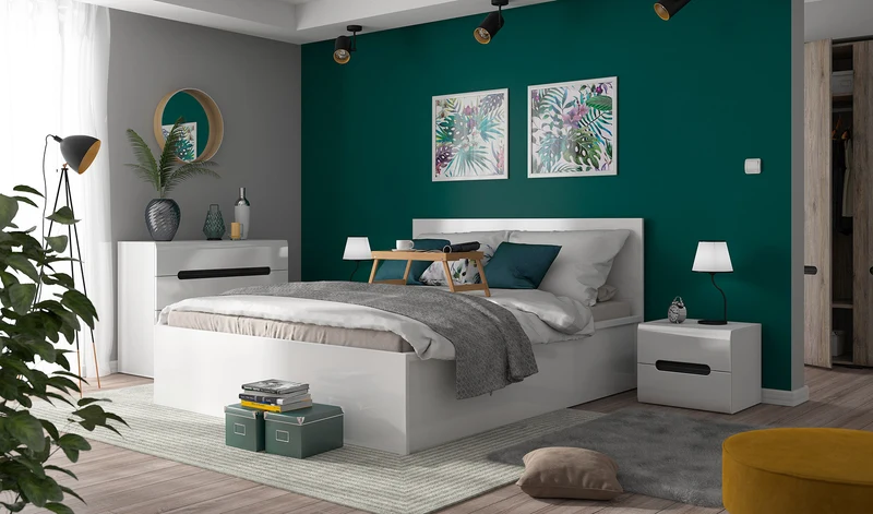 Tetrix Double Bed Frame 160×200 cm with Storage – White Gloss