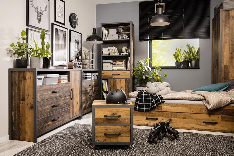 Weston Single Bed Frame 90×200 cm – Dark Old Style Pine / Matera, Youth Room