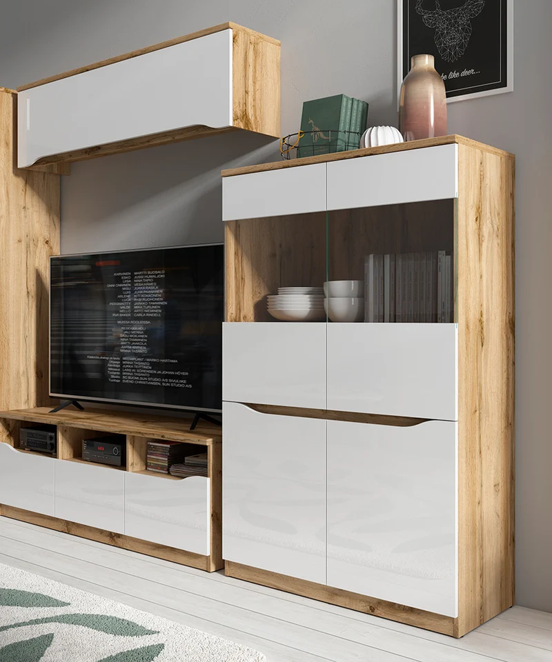 Nuis Wall Cabinet 135 cm – Wotan Oak / White Gloss, Push-to-Open Door