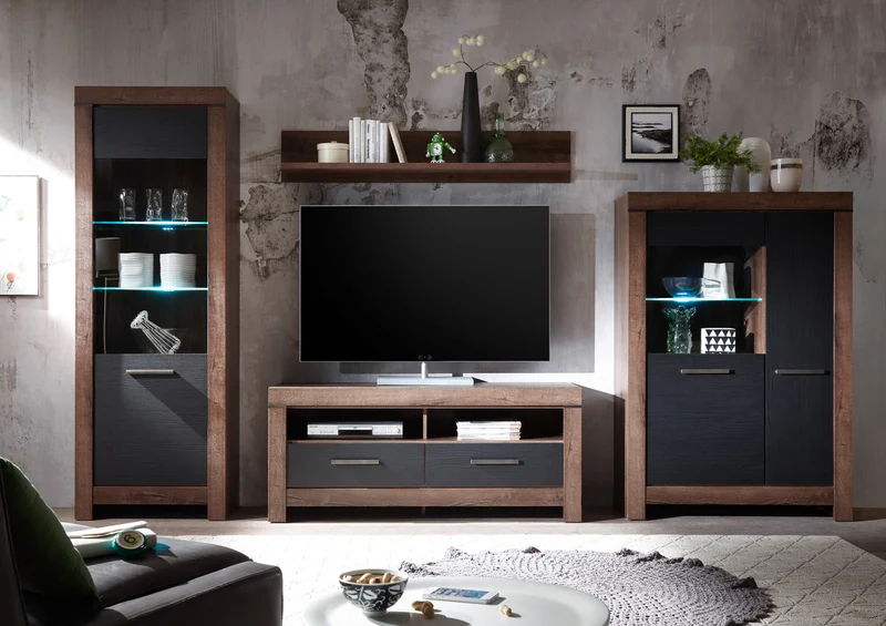 Balin TV Cabinet 140 cm – Monastery Oak & Black Oak, Optional LED