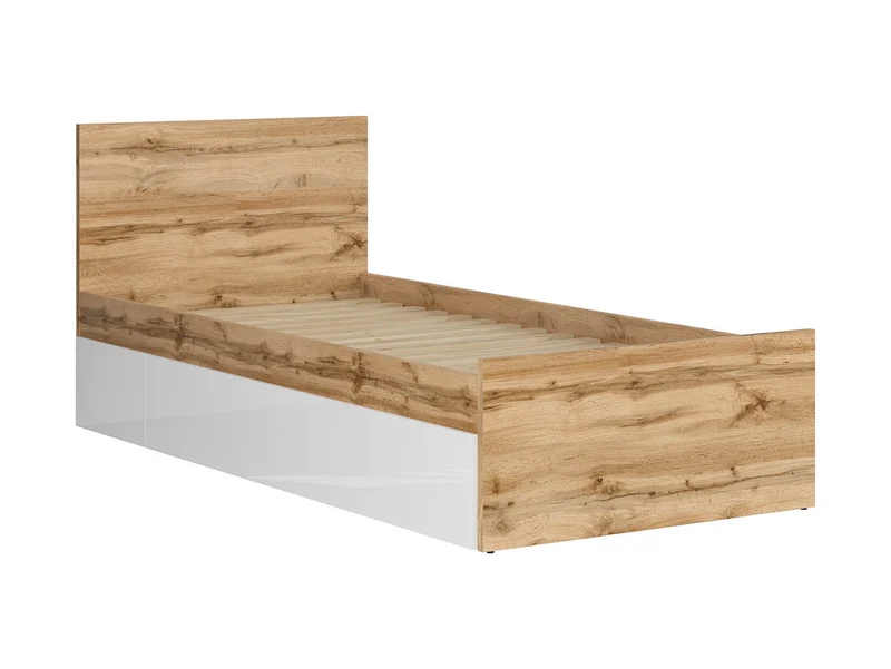 Nuis Single Bed 90×200 cm – Wotan Oak & White Mirror Gloss, Tall Headboard (Frame & Mattress Not Included)