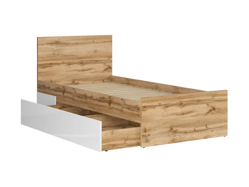 Nuis Single Bed 90×200 cm – Wotan Oak & White Mirror Gloss, Tall Headboard (Frame & Mattress Not Included)