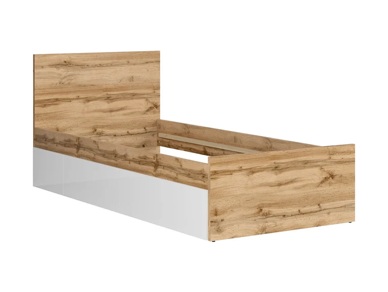 Nuis Single Bed 90×200 cm – Wotan Oak & White Mirror Gloss, Tall Headboard (Frame & Mattress Not Included)