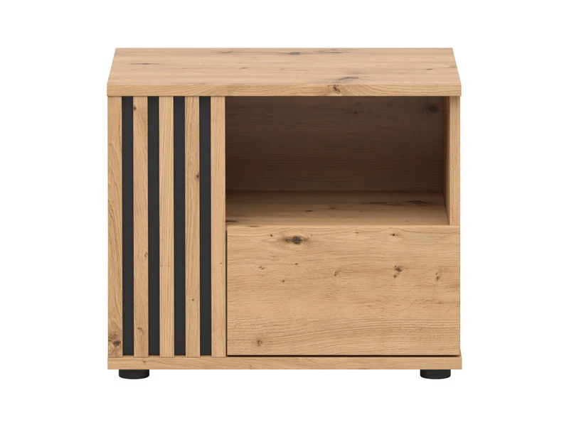 Vabres Bedside Table 55x46 cm – Artisan Oak & Black, Lamellar MDF Front, 1 Drawer, Open Shelf