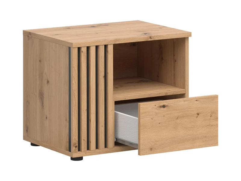 Vabres Bedside Table 55x46 cm – Artisan Oak & Black, Lamellar MDF Front, 1 Drawer, Open Shelf