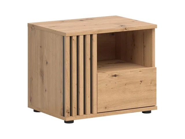 Vabres Bedside Table 55x46 cm – Artisan Oak & Black, Lamellar MDF Front, 1 Drawer, Open Shelf