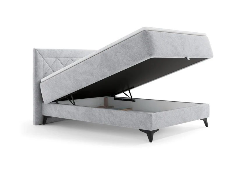 Zalea Upholstered Bed 120x200cm — Tall Stitched Headboard, Pocket Spring Mattress, 4cm Premium Topper & Gas-Lift Storage, Neve 80