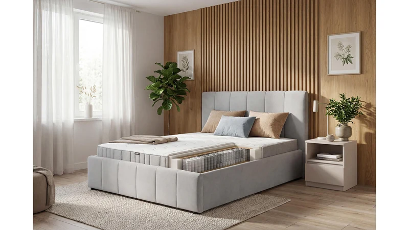 Lones Upholstered Bed 180×200 cm – Bluvel 03, Bedding Storage, Gas-Lift Option (Ergo Space II)
