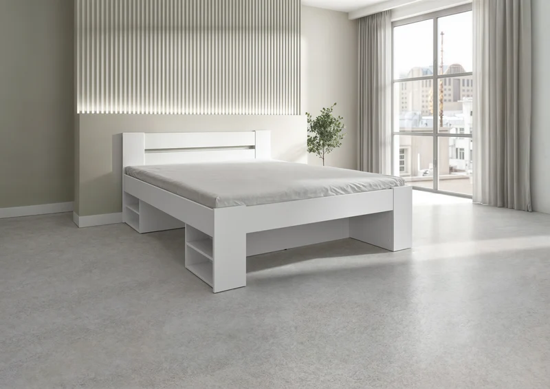 Nepo Plus Double Bed 160×200 cm – White, 4 Shelves, Optional Drawers