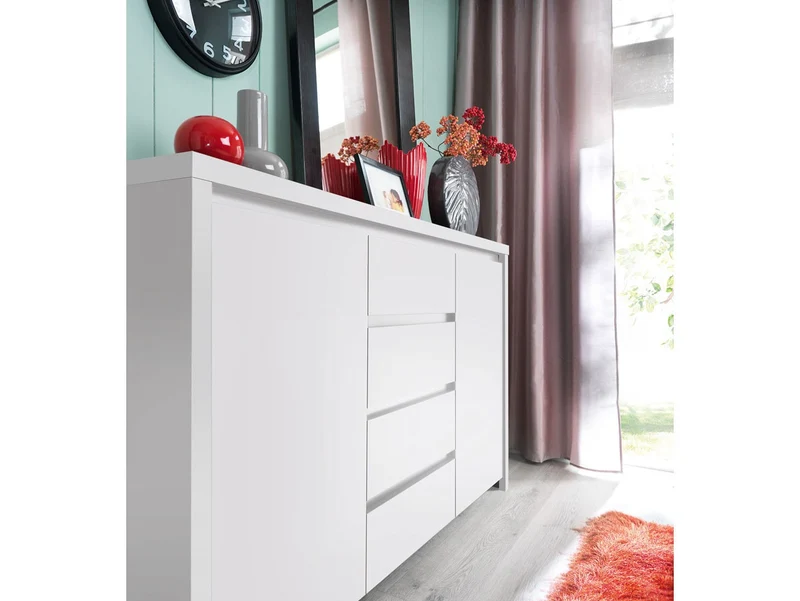 Kaspian Chest of Drawers 143 cm – White & White Matt, 2 Doors & 4 Drawers