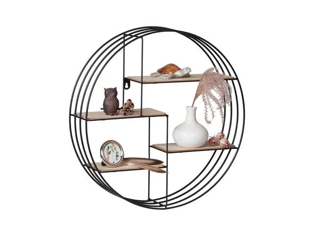Hanna Round Wall Shelf 45 cm – Black & Brown, Circular Metal Frame, 4 MDF Shelves
